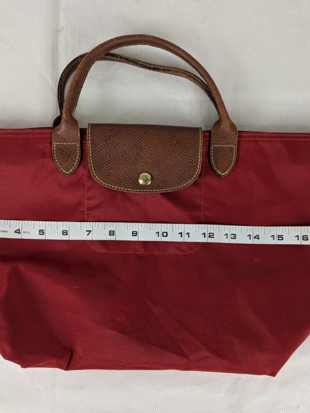 Pre-Owned Longchamp Le Pliage Authentic Nylon Leather Tote Bag Red Made in China - Picture 13 of 15
